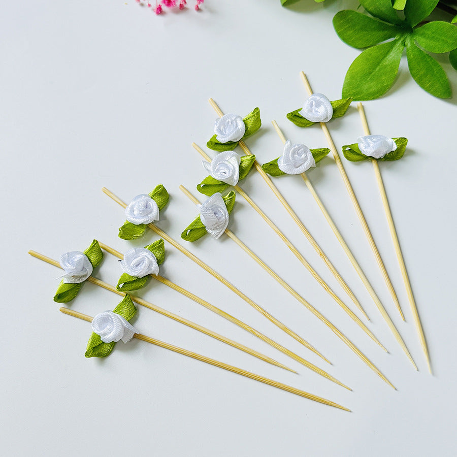 12 cm | 100er-Packung Bambusspieße mit Satinrosenmuster – Cocktailspieße, Speisenspieße, Vorspeisen- und Dessertspieße | Großhandelspreise ab Werk
