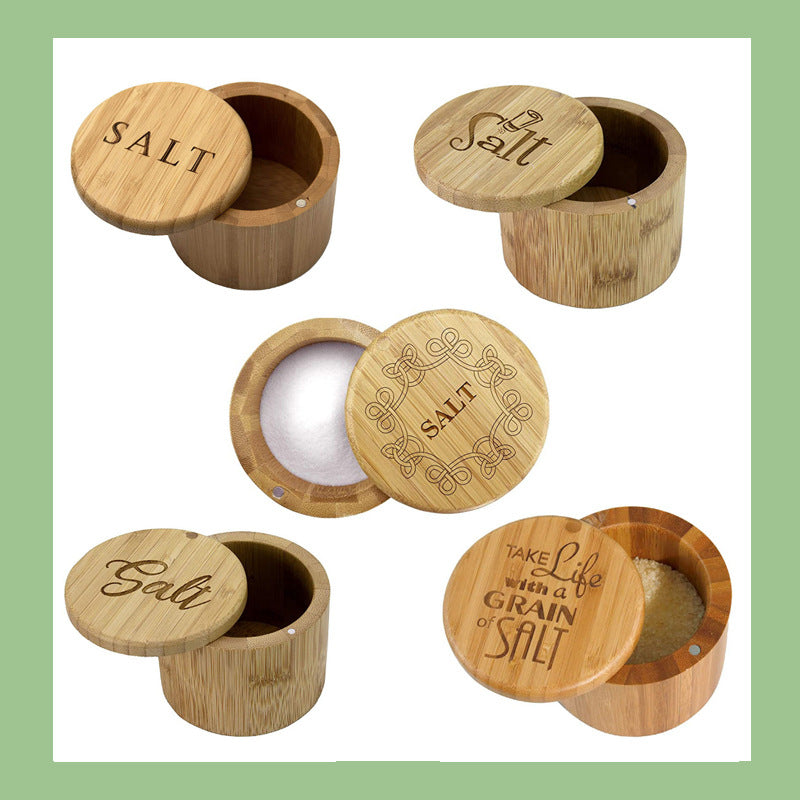 Bamboo Kitchenware | Bamboo Spice Jars & Containers | Eco-Friendly Bamboo Salt Cellar & Spice Jar with Spoon – Custom Laser Logo Wholesale
