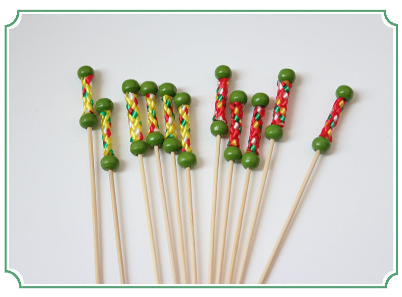 Stuzzicadenti in bambù intrecciato con doppia perlina da 12 cm | Spiedini decorativi per cocktail e cibo | Confezione da 100 pezzi | Prezzi EXW all'ingrosso