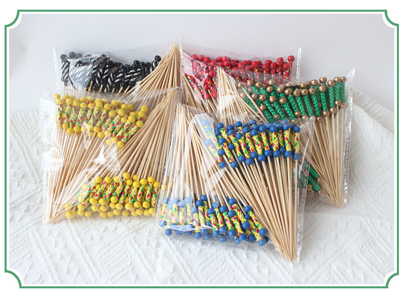Stuzzicadenti in bambù intrecciato con doppia perlina da 12 cm | Spiedini decorativi per cocktail e cibo | Confezione da 100 pezzi | Prezzi EXW all'ingrosso