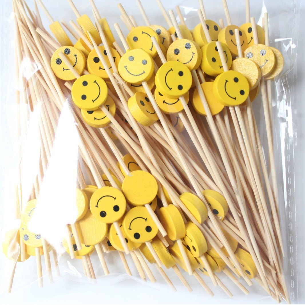 Brochettes en bambou de 12 cm avec de jolis smileys (lot de 100) | Multicolores (une face jaune) | Idéales pour cocktails, amuse-gueules, desserts et hors-d'œuvre | Prix de gros EXW