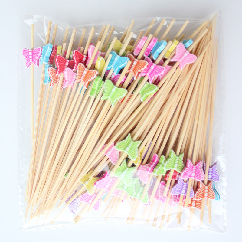 12 cm lange Bambus-Picks mit Kindermotiven in verwaschenen Farben – Herz, runde Perle, Fisch, Schmetterling, Blume, Schleife, Blase, weißes Smiley | 100 Stück/Packung | Großhandelspreise ab Werk