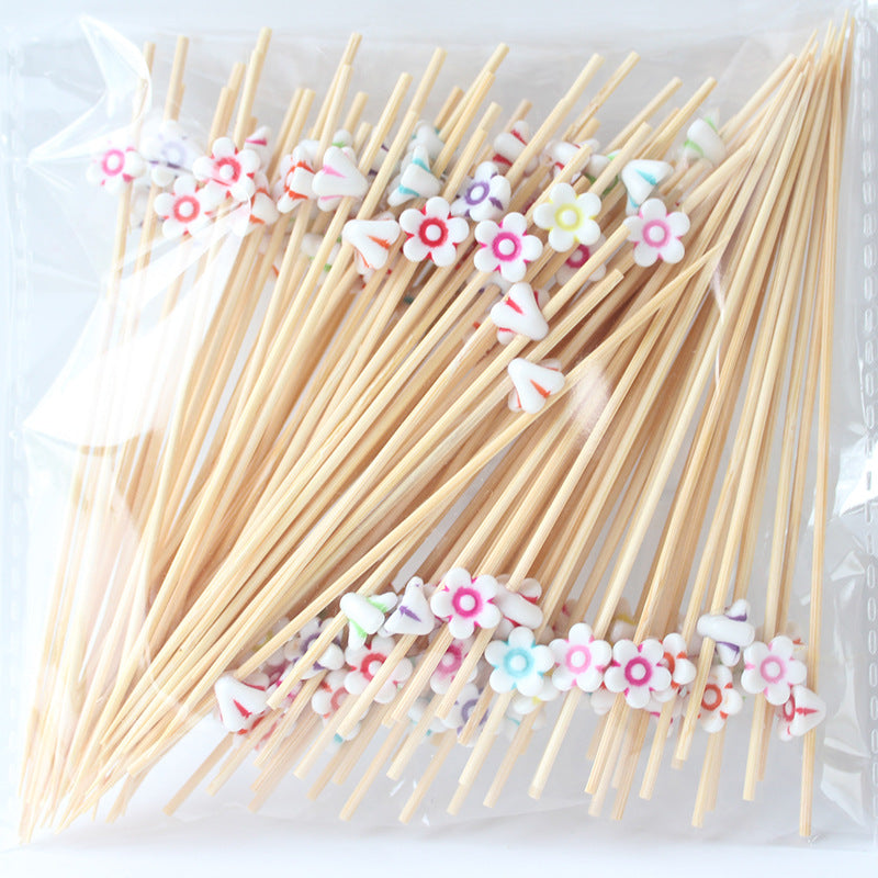 12 cm lange Bambus-Picks mit Kindermotiven in verwaschenen Farben – Herz, runde Perle, Fisch, Schmetterling, Blume, Schleife, Blase, weißes Smiley | 100 Stück/Packung | Großhandelspreise ab Werk