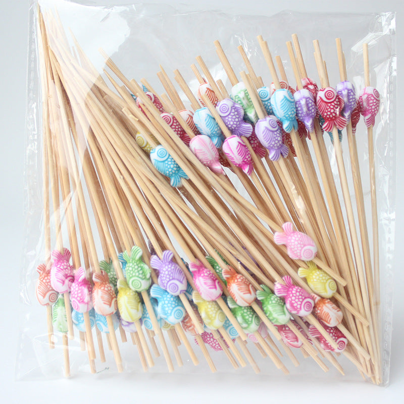 12 cm lange Bambus-Picks mit Kindermotiven in verwaschenen Farben – Herz, runde Perle, Fisch, Schmetterling, Blume, Schleife, Blase, weißes Smiley | 100 Stück/Packung | Großhandelspreise ab Werk