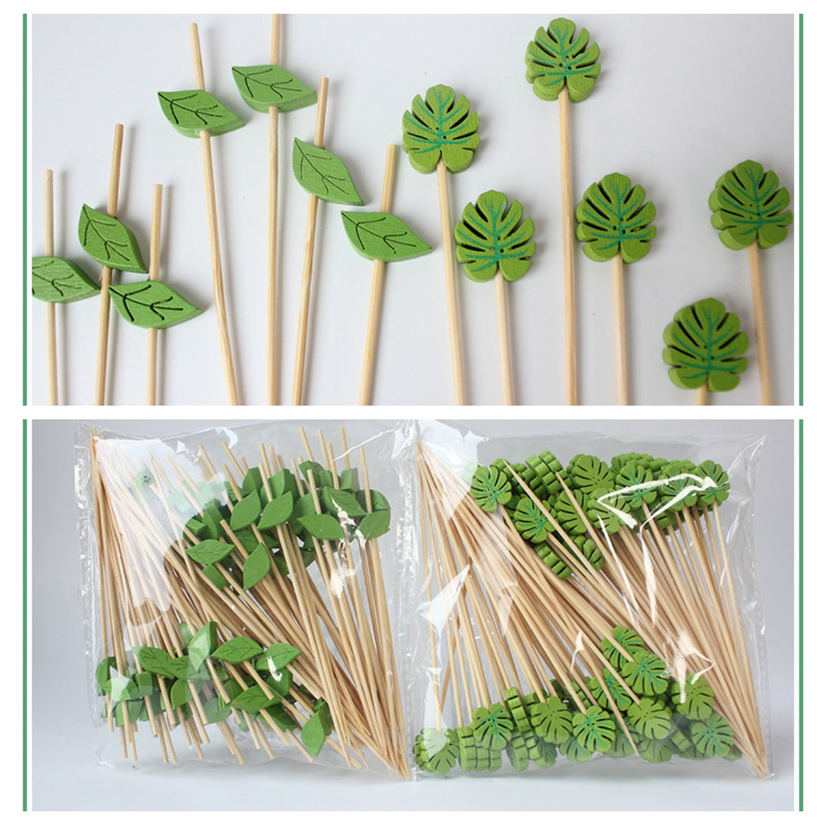 12 cm lange Bambusspieße mit grünen Blättern, 100 Stück | Kleine Blätter / Runde Blätter | Cocktailspieße, Speisenspieße, Obst- und Dessertspieße | Großhandelspreise ab Werk