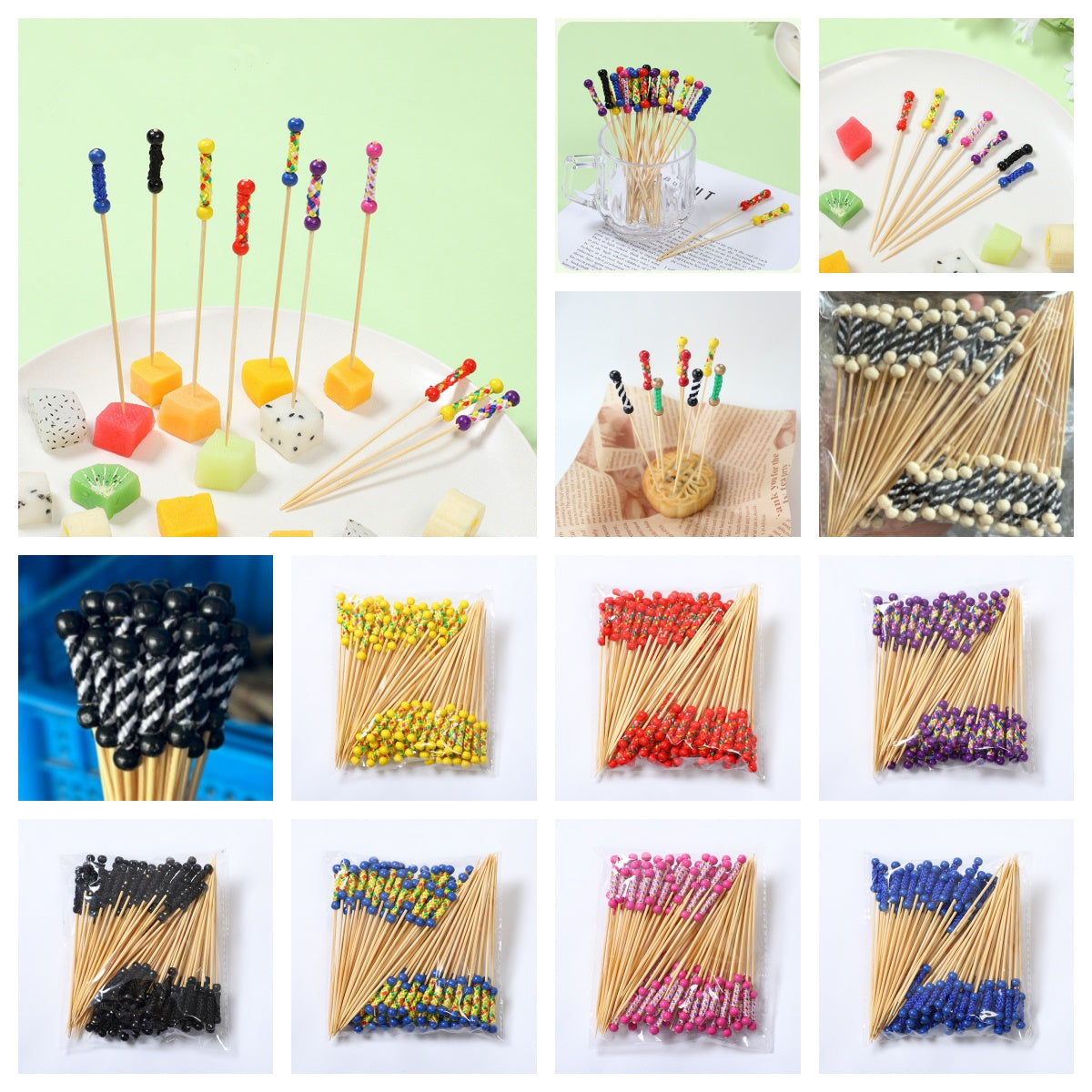 Stuzzicadenti in bambù intrecciato con doppia perlina da 12 cm | Spiedini decorativi per cocktail e cibo | Confezione da 100 pezzi | Prezzi EXW all'ingrosso