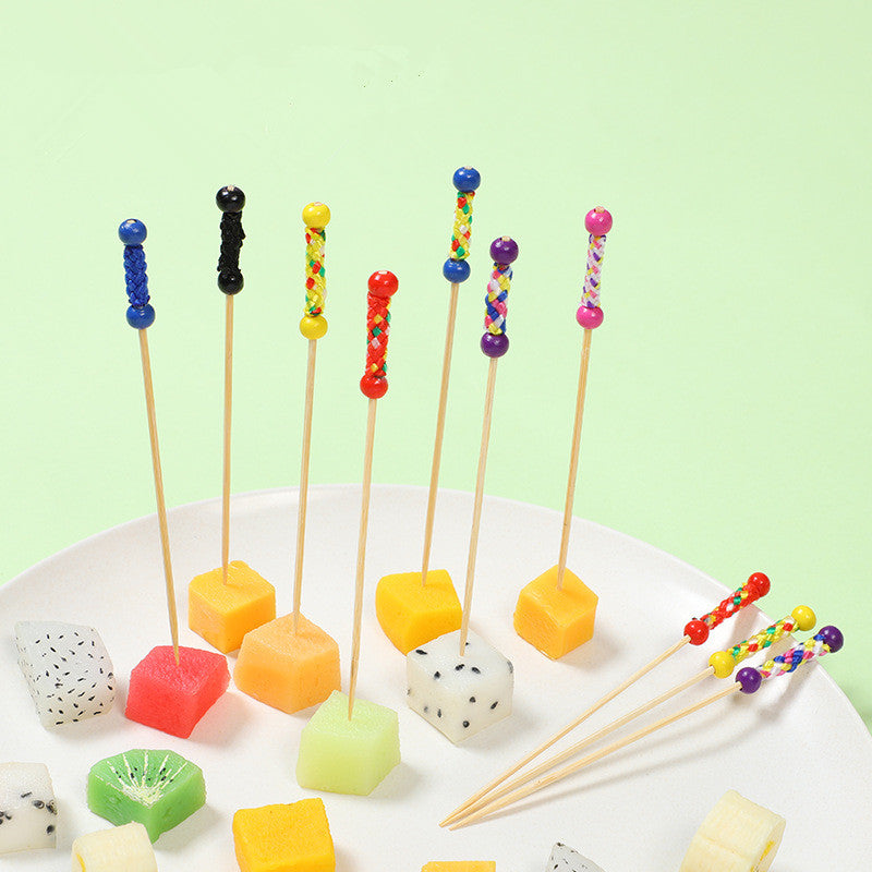 Stuzzicadenti in bambù intrecciato con doppia perlina da 12 cm | Spiedini decorativi per cocktail e cibo | Confezione da 100 pezzi | Prezzi EXW all'ingrosso