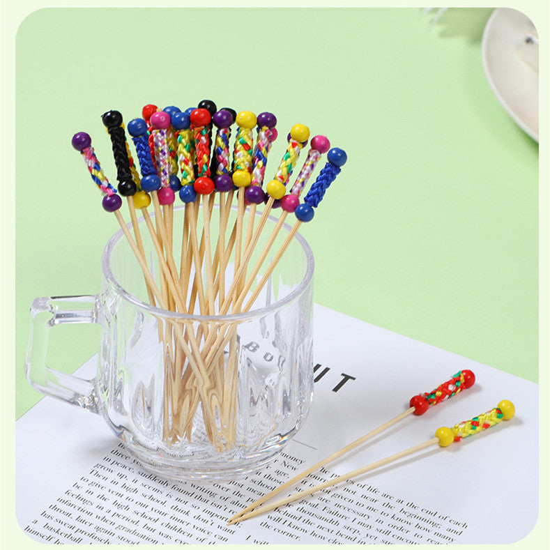 Stuzzicadenti in bambù intrecciato con doppia perlina da 12 cm | Spiedini decorativi per cocktail e cibo | Confezione da 100 pezzi | Prezzi EXW all'ingrosso