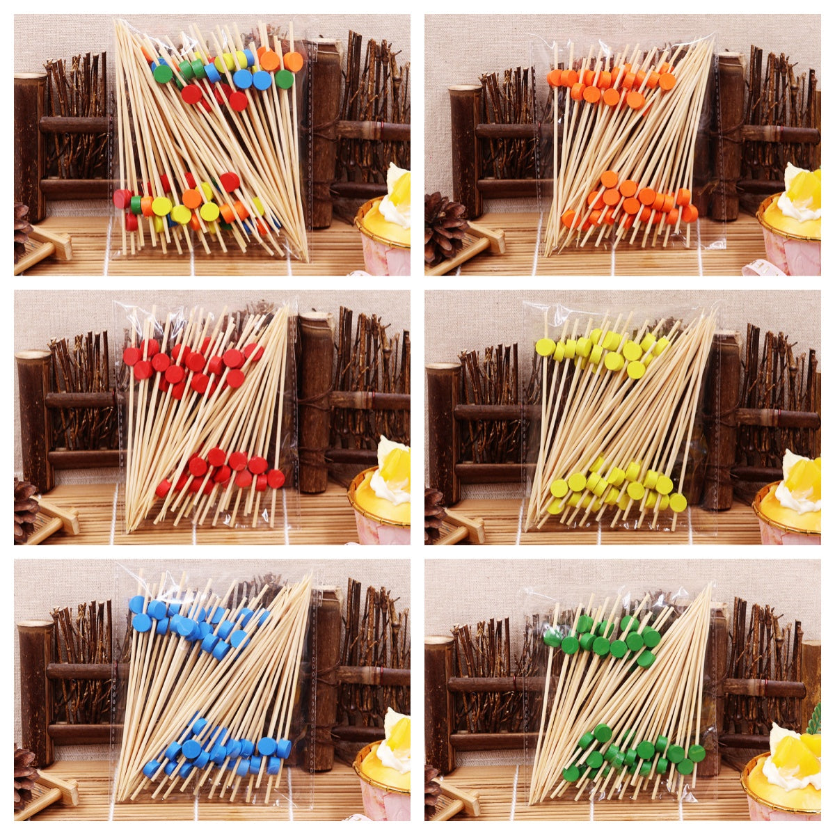 Stuzzicadenti in bambù a forma di tamburo da 12 cm - Rosso / Arancione / Blu / Giallo / Verde / Misto | 100 pezzi/confezione | Prezzi EXW all'ingrosso