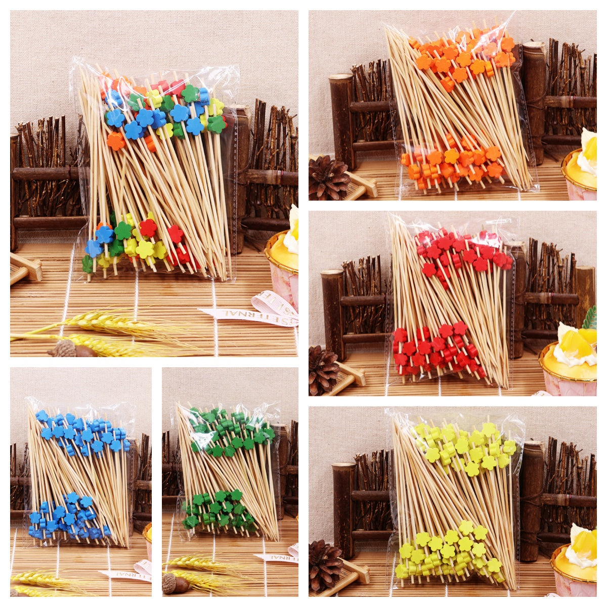 Perline di bambù a forma di fiore da 12 cm - Blu / Giallo / Verde / Rosso / Arancione / Misto | 100 pezzi/confezione | Prezzi EXW all'ingrosso