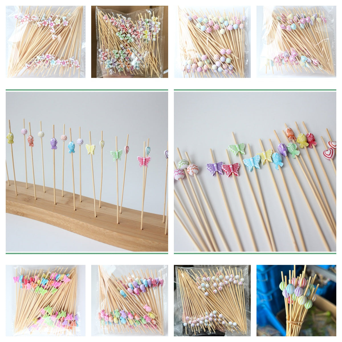12 cm lange Bambus-Picks mit Kindermotiven in verwaschenen Farben – Herz, runde Perle, Fisch, Schmetterling, Blume, Schleife, Blase, weißes Smiley | 100 Stück/Packung | Großhandelspreise ab Werk