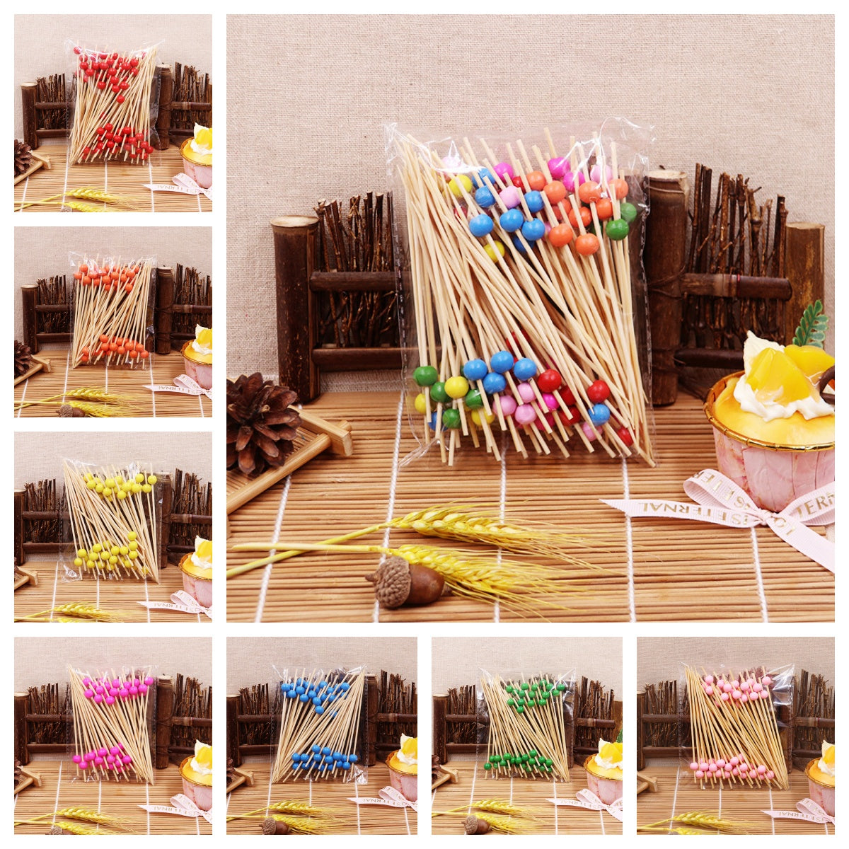 Runde Bambus-Holzperlen, 12 cm – Grün / Rosa / Gelb / Orange / Blau / Rot / Gemischt | 100 Stück/Packung | Großhandelspreise ab Werk