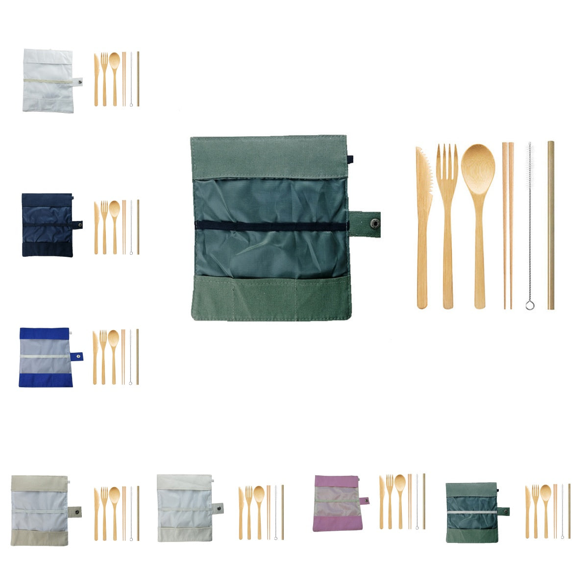 Set di posate in bambù riutilizzabili da 6 pezzi: coltello, forchetta, cucchiaio, bacchette, cannuccia e spazzolino per la pulizia, con custodia arrotolabile | Prezzi all'ingrosso EXW