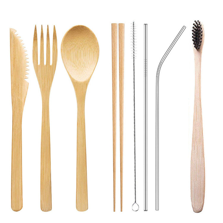 Bamboo Tableware | Reusable Bamboo Cutlery Sets | Eco-Friendly Bamboo Cutlery & Straw Set with Fabric Pouch – Travel Utensil Kit Wholesale