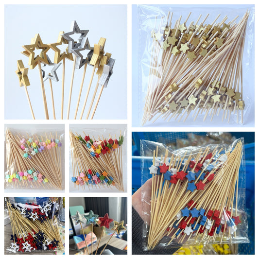 Piques décoratives en bambou en forme d'étoile (12 cm) – Couleurs assorties, or, or/argent creux, rouge-bleu-blanc, rouge-noir-blanc, étoiles pour macarons et décorations de gâteaux | 100 pièces/paquet | Prix de gros EXW