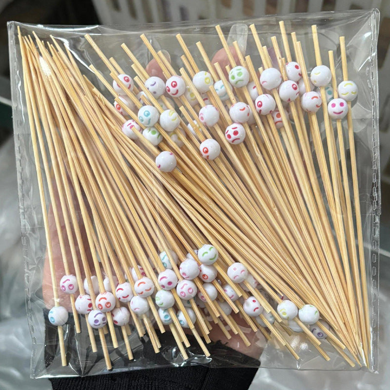 12 cm lange Bambus-Picks mit Kindermotiven in verwaschenen Farben – Herz, runde Perle, Fisch, Schmetterling, Blume, Schleife, Blase, weißes Smiley | 100 Stück/Packung | Großhandelspreise ab Werk