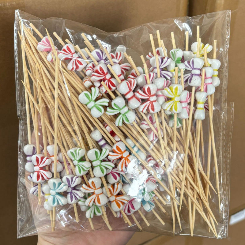 12 cm lange Bambus-Picks mit Kindermotiven in verwaschenen Farben – Herz, runde Perle, Fisch, Schmetterling, Blume, Schleife, Blase, weißes Smiley | 100 Stück/Packung | Großhandelspreise ab Werk