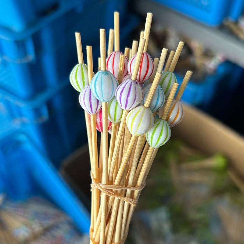 12 cm lange Bambus-Picks mit Kindermotiven in verwaschenen Farben – Herz, runde Perle, Fisch, Schmetterling, Blume, Schleife, Blase, weißes Smiley | 100 Stück/Packung | Großhandelspreise ab Werk