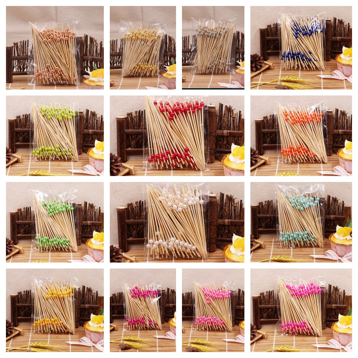 12 cm lange, farbige Kunststoff-Perl-Bambusspieße, 100er-Packung | Cocktailspieße, Speisenspieße, Obstspieße, Dessert- und Vorspeisenspieße (14 Farben) | Großhandelspreise ab Werk