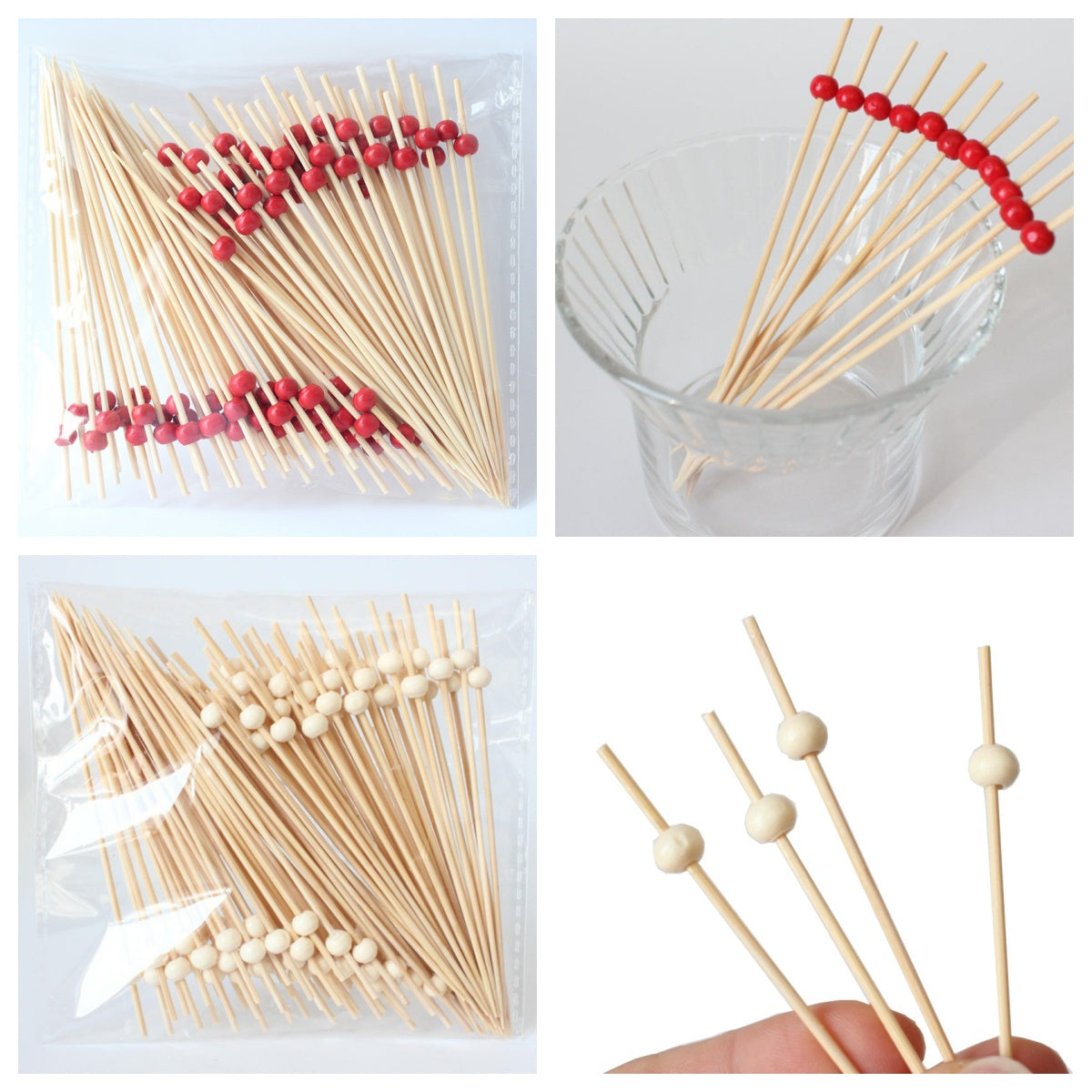 12 cm lange Bambus-Speisespieße &amp; Cocktailspieße mit Zierperlen – 100 Stück/Packung | Großhandelspreise ab Werk
