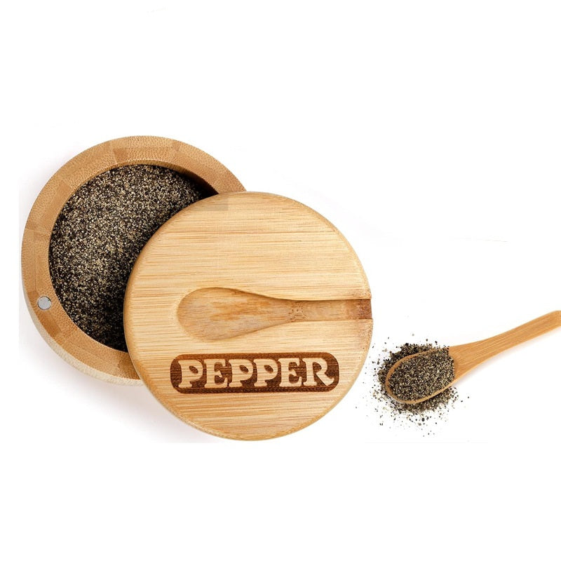 Bamboo Kitchenware | Bamboo Spice Jars & Containers | Eco-Friendly Bamboo Salt Cellar & Spice Jar with Spoon – Custom Laser Logo Wholesale