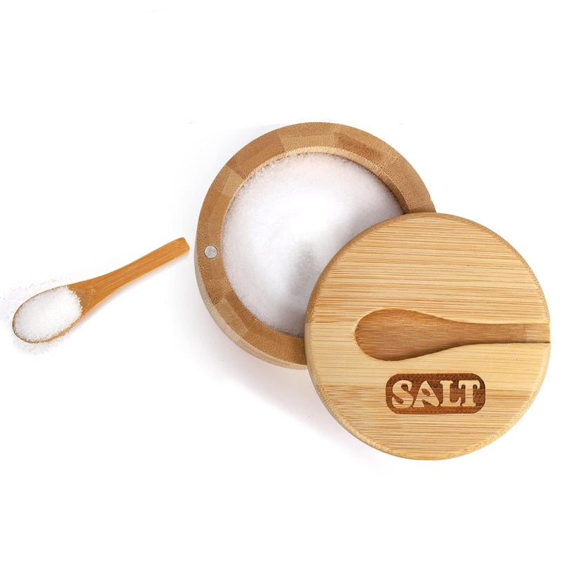 Bamboo Kitchenware | Bamboo Spice Jars & Containers | Eco-Friendly Bamboo Salt Cellar & Spice Jar with Spoon – Custom Laser Logo Wholesale