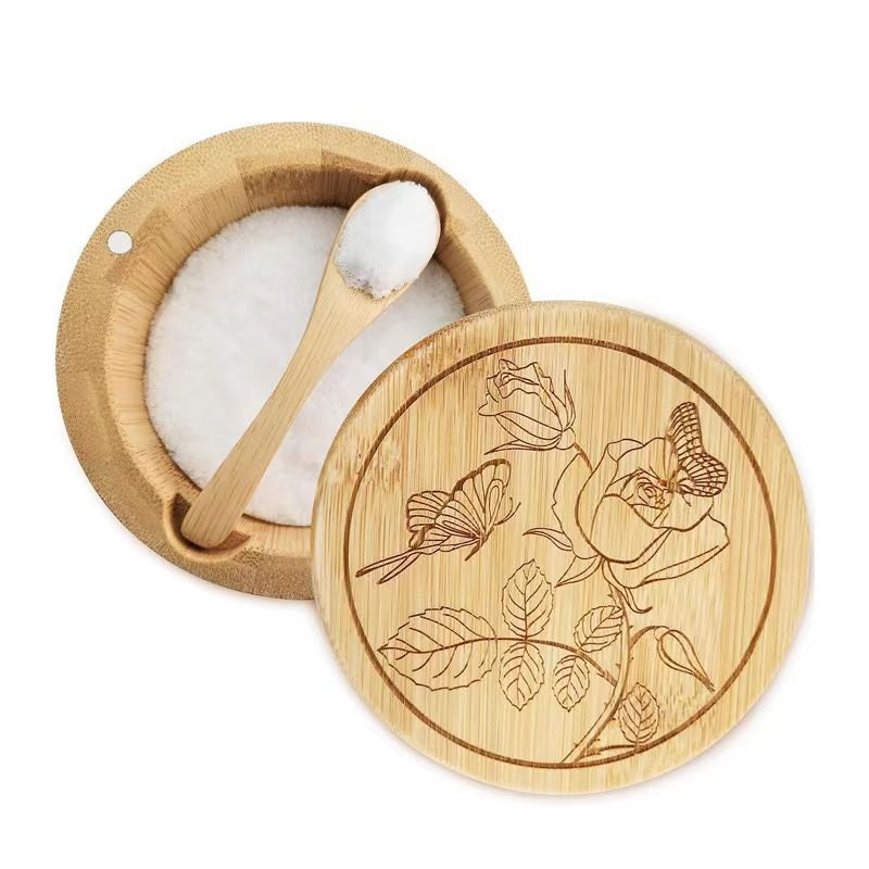 Bamboo Kitchenware | Bamboo Spice Jars & Containers | Eco-Friendly Bamboo Salt Cellar & Spice Jar with Spoon – Custom Laser Logo Wholesale