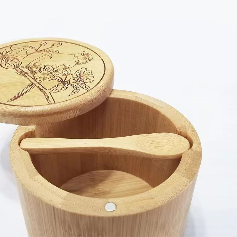 Bamboo Kitchenware | Bamboo Spice Jars & Containers | Eco-Friendly Bamboo Salt Cellar & Spice Jar with Spoon – Custom Laser Logo Wholesale