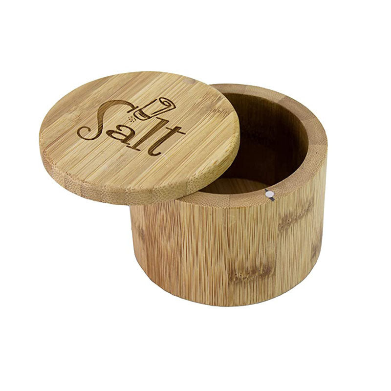 Bamboo Kitchenware | Bamboo Spice Jars & Containers | Eco-Friendly Bamboo Salt Cellar & Spice Jar with Spoon – Custom Laser Logo Wholesale