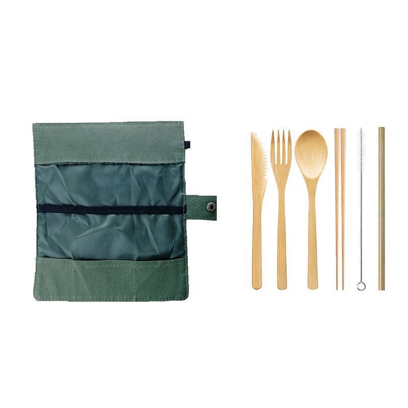 Set di posate in bambù riutilizzabili da 6 pezzi: coltello, forchetta, cucchiaio, bacchette, cannuccia e spazzolino per la pulizia, con custodia arrotolabile | Prezzi all'ingrosso EXW