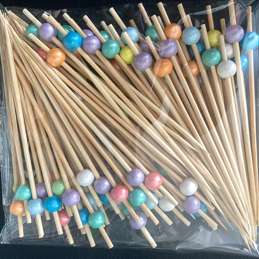 Pics à thé ronds en bambou et perles de bois de 12 cm – Vert / Rose / Jaune / Orange / Bleu / Rouge / Assortimenté | 100 pièces/paquet | Prix de gros EXW