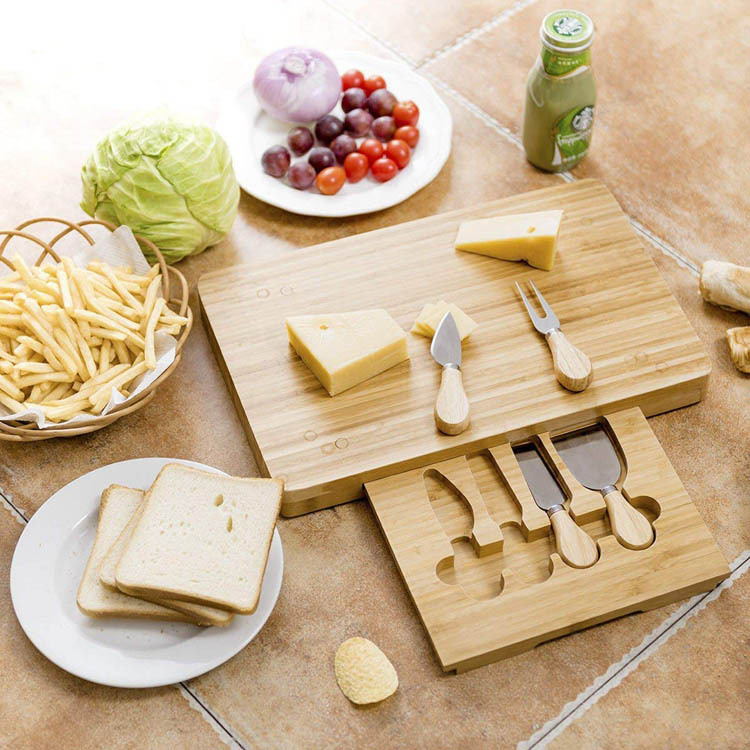 BambooMake.cn Bamboo Cheese Board with Set | Rectangular cheese board, 4-piece tool set with drawer