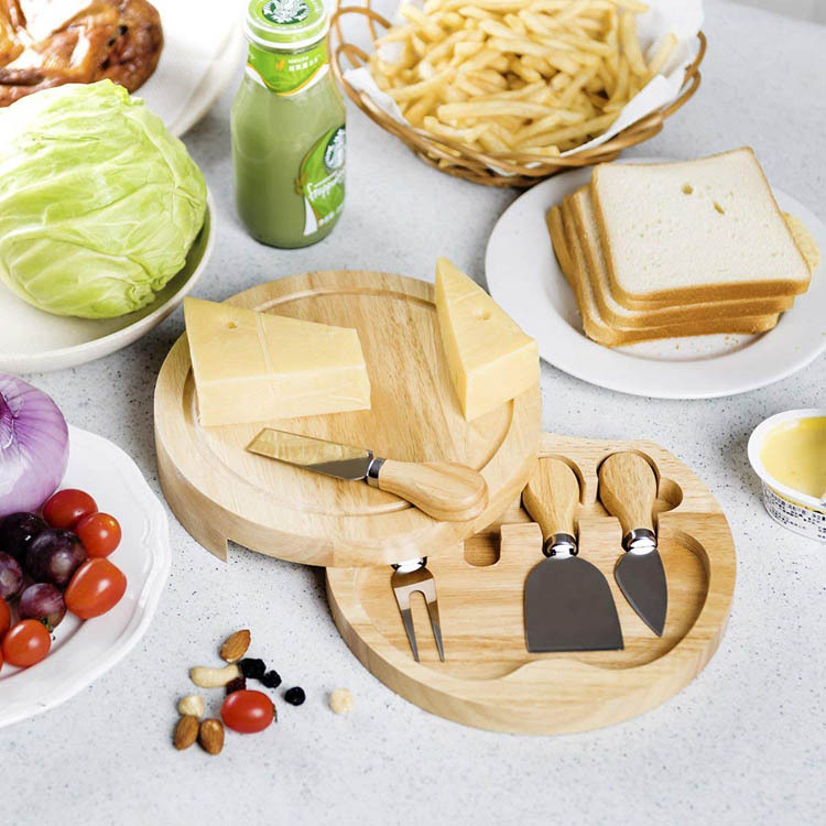 BambooMake.cn Bamboo Cheese Board with Set | Round cheese board, 4-piece tool set with drawer
