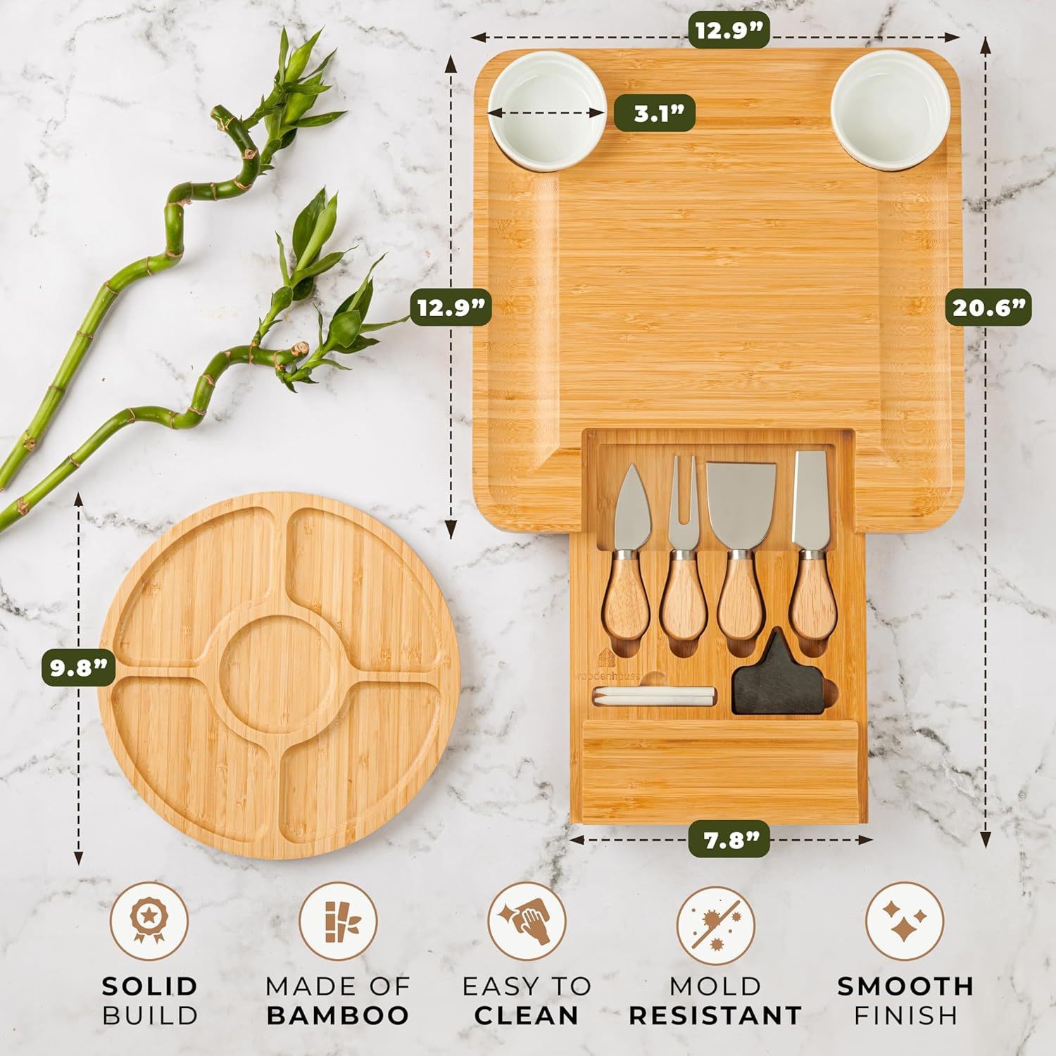 BambooMake.cn Bamboo Cheese Board with Set
