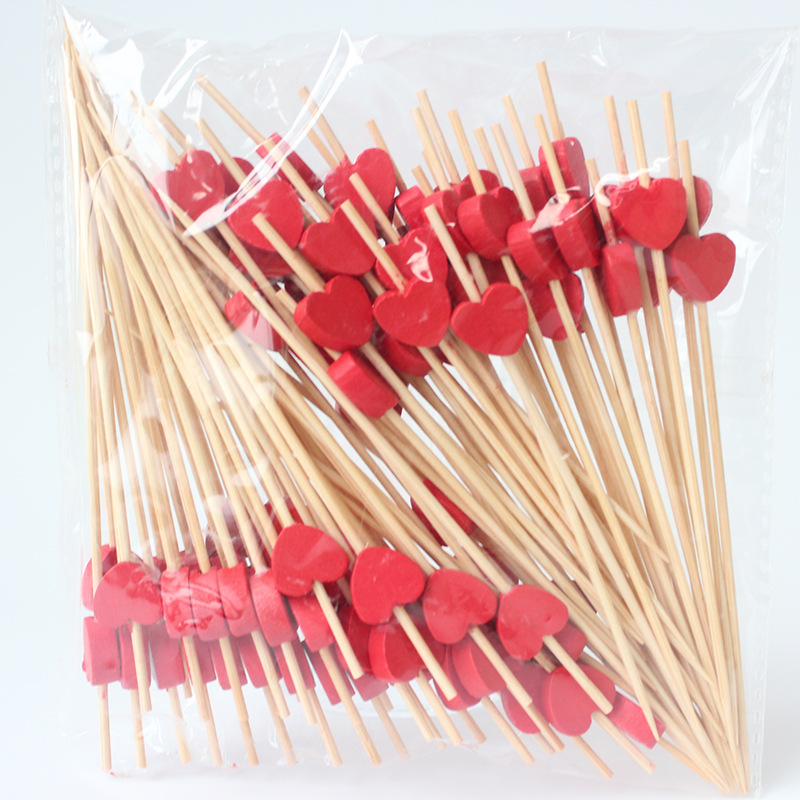 BambooMake.cn, 100 pieces/pack, Red Heart Disposable Fruit Picks, Cocktail Picks, Food Picks, Creati