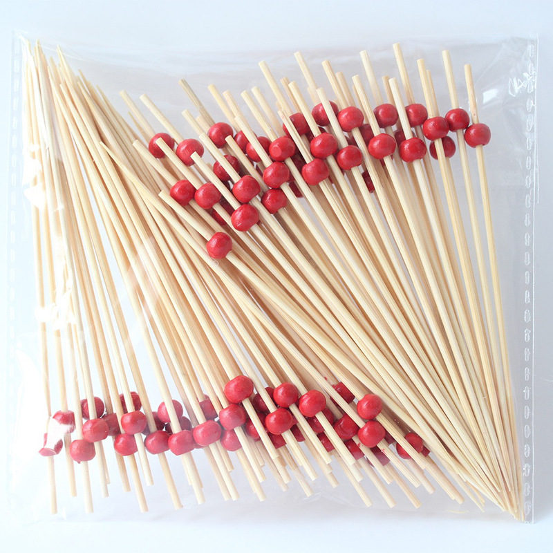 BambooMake.cn, 100 pieces/pack, red small round beads, disposable fruit picks, cocktail picks, food 