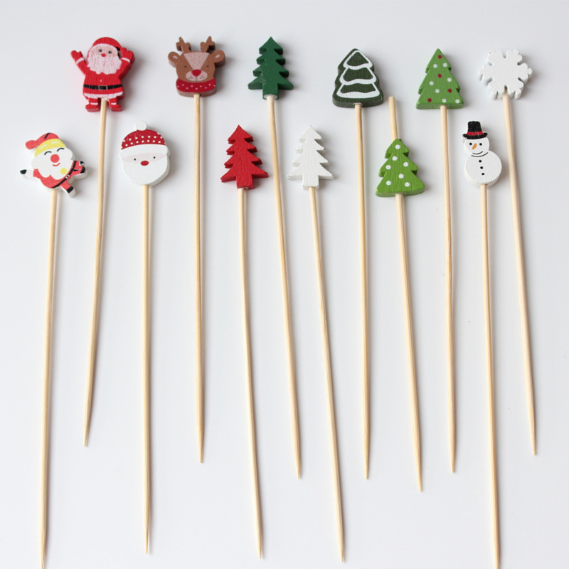 BambooMake.cn 100 pieces/pack, assorted Christmas-themed disposable fruit and cocktail sticks, food 