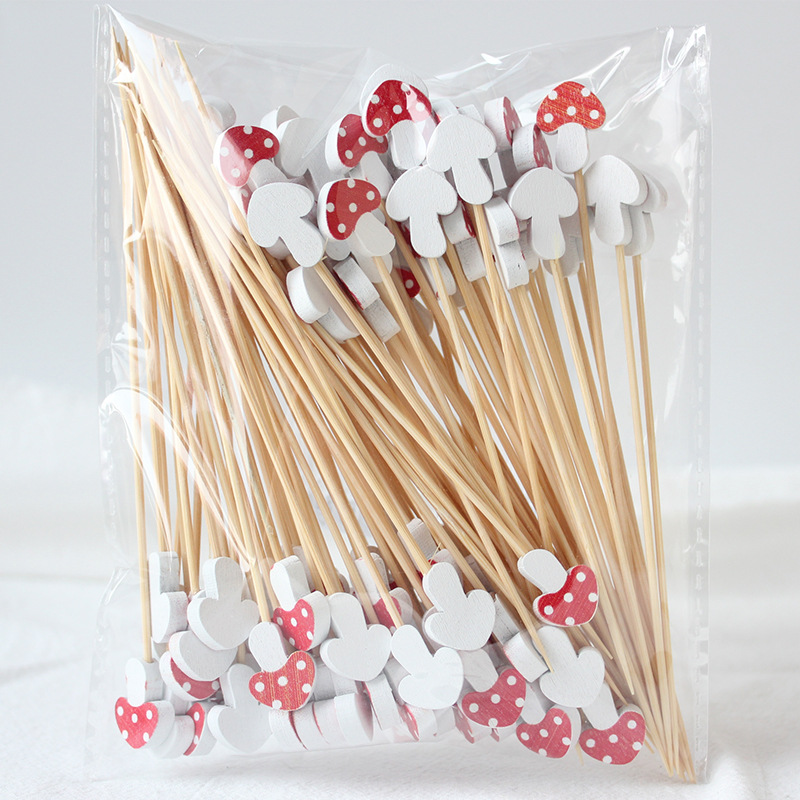 BambooMake.cn, 100 pieces/pack, small mushroom disposable fruit skewers, cocktail skewers, food skew