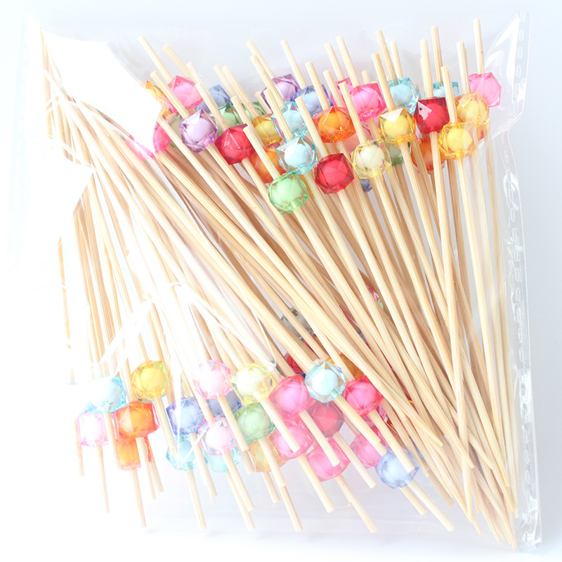 BambooMake.cn | 100pcs/Pack Square Diamond Double-Bead Bamboo Cocktail Picks – Disposable Fruit Fork