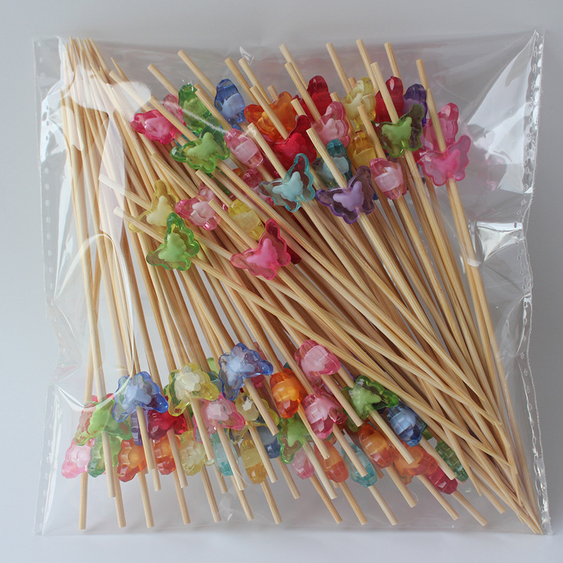 BambooMake.cn | 100pcs/Pack Crystal Butterfly Double-Bead Bamboo Cocktail Picks – Disposable Fruit F