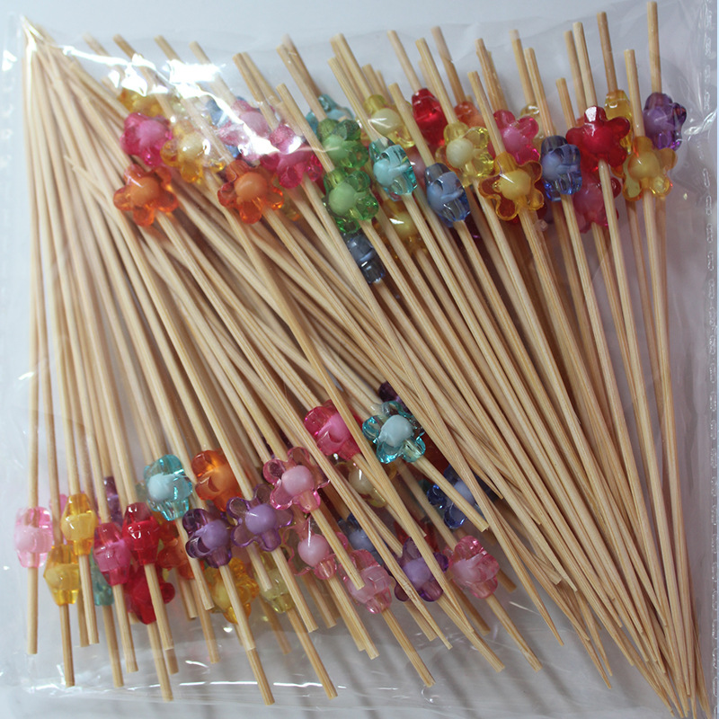 BambooMake.cn | 100pcs/Pack Crystal Plum Blossom Double-Bead Bamboo Cocktail Picks – Disposable Frui