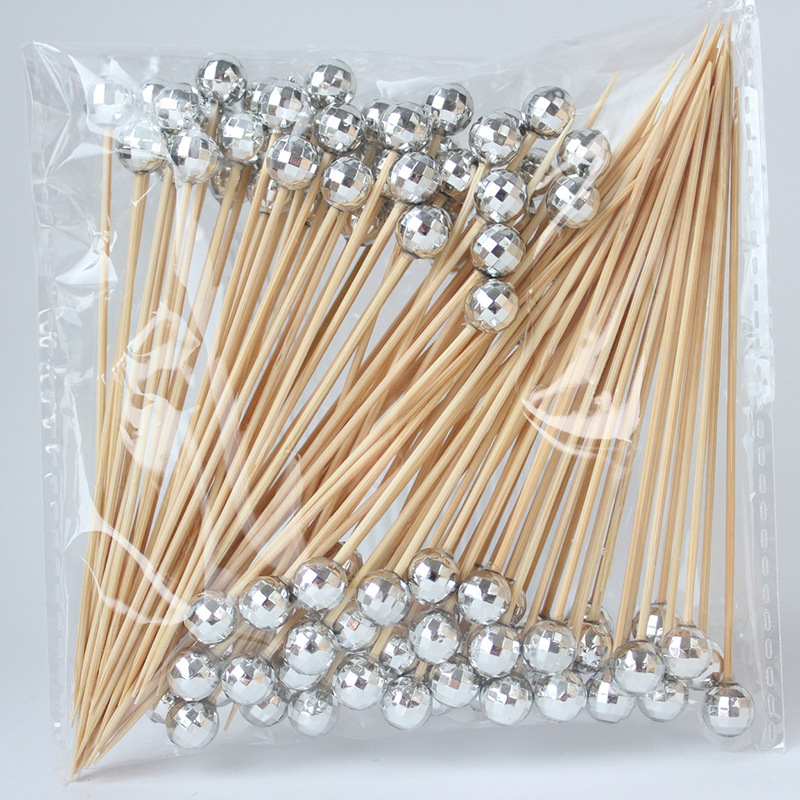 BambooMake.cn, 100 pieces/pack, Disco Ball Sticks - Silver, Disposable Fruit Sticks, Decorative Stic