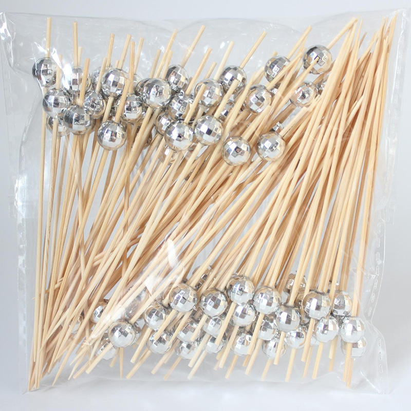 BambooMake.cn, 100 pieces/pack, Disco Ball Picks - Silver, Disposable Fruit Picks, Decorative Picks,