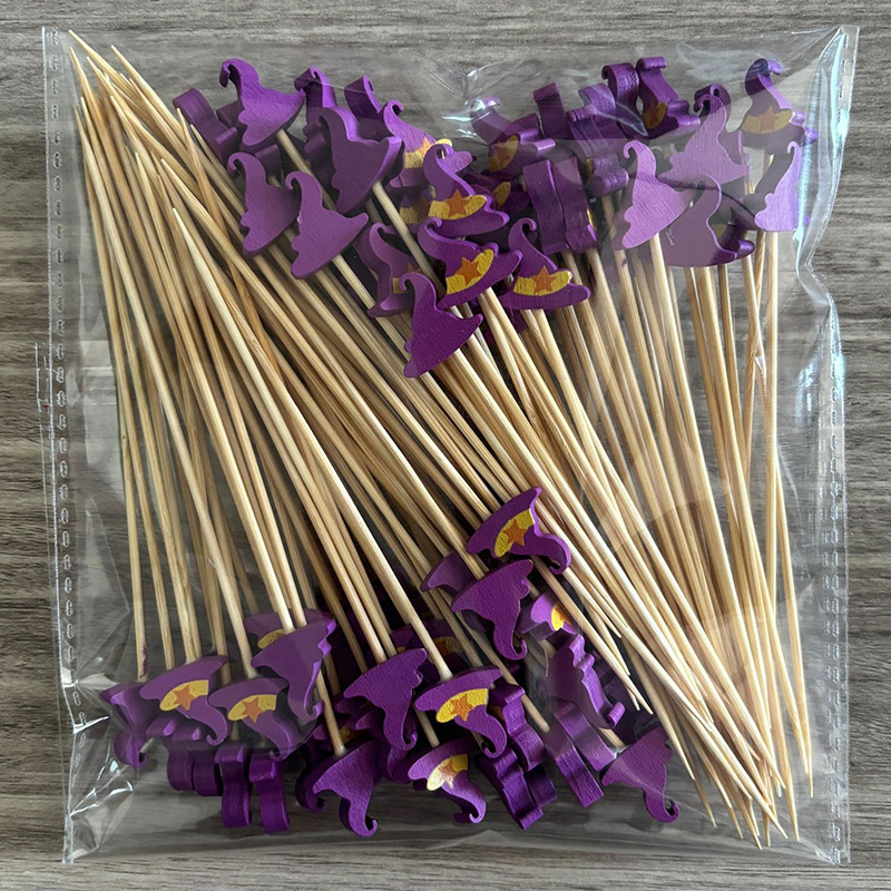 BambooMake.cn, 100 pieces/pack, Halloween purple hat, disposable fruit picks, cocktail picks, food p