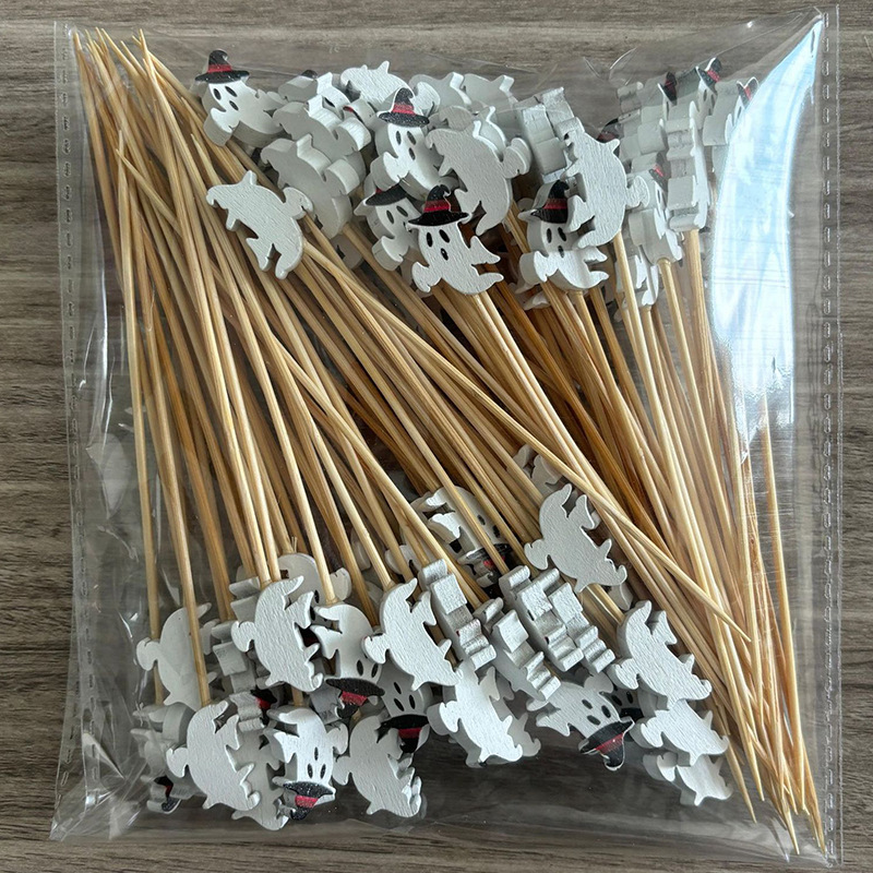 BambooMake.cn, 100 pieces/pack, Halloween Black Hat Ghost Disposable Fruit Sticks, Cocktail Sticks, 