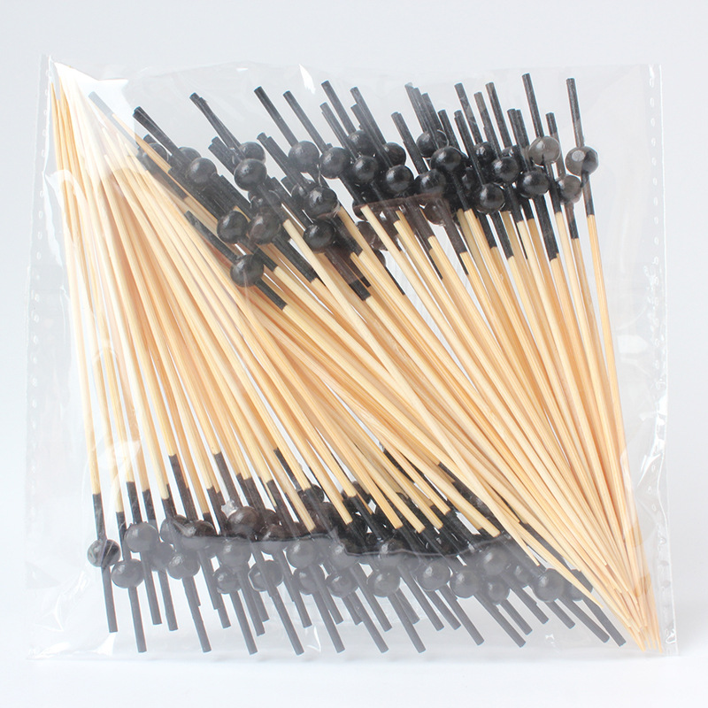 BambooMake.cn, 100 pieces/pack, black stem and black balls, disposable fruit and cocktail sticks, fo