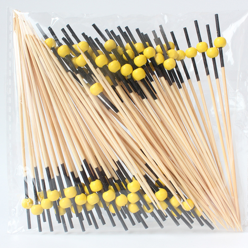 BambooMake.cn, 100 pieces/pack, black stem with yellow balls. Disposable fruit and cocktail sticks, 