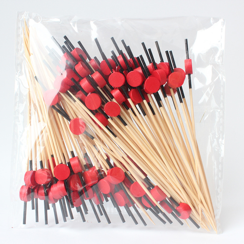 BambooMake.cn, 100 pieces/pack, black stem with red flat bead, disposable fruit and cocktail sticks,