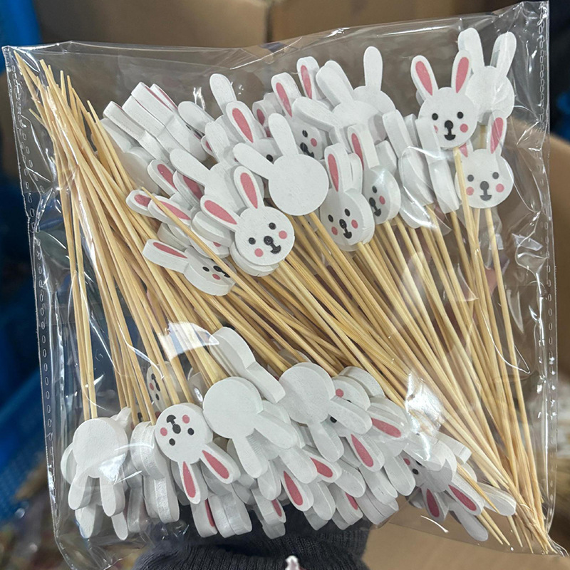 BambooMake.cn, 100 pieces/pack, Easter long-eared bunny disposable fruit picks, decorative picks, co