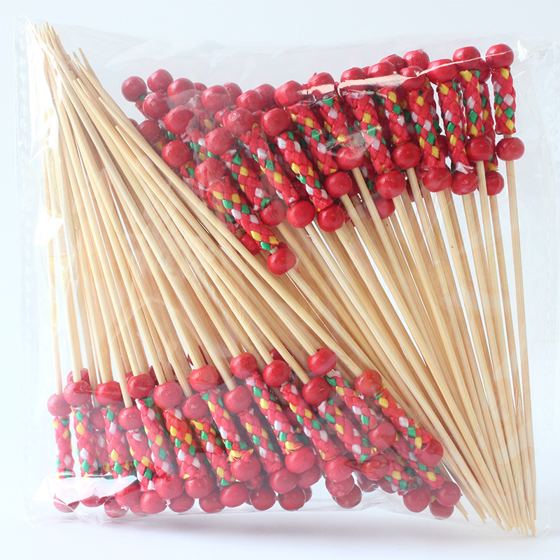 BambooMake.cn, 100 pieces/pack, disposable fruit and cocktail sticks with red double-beaded thread, 